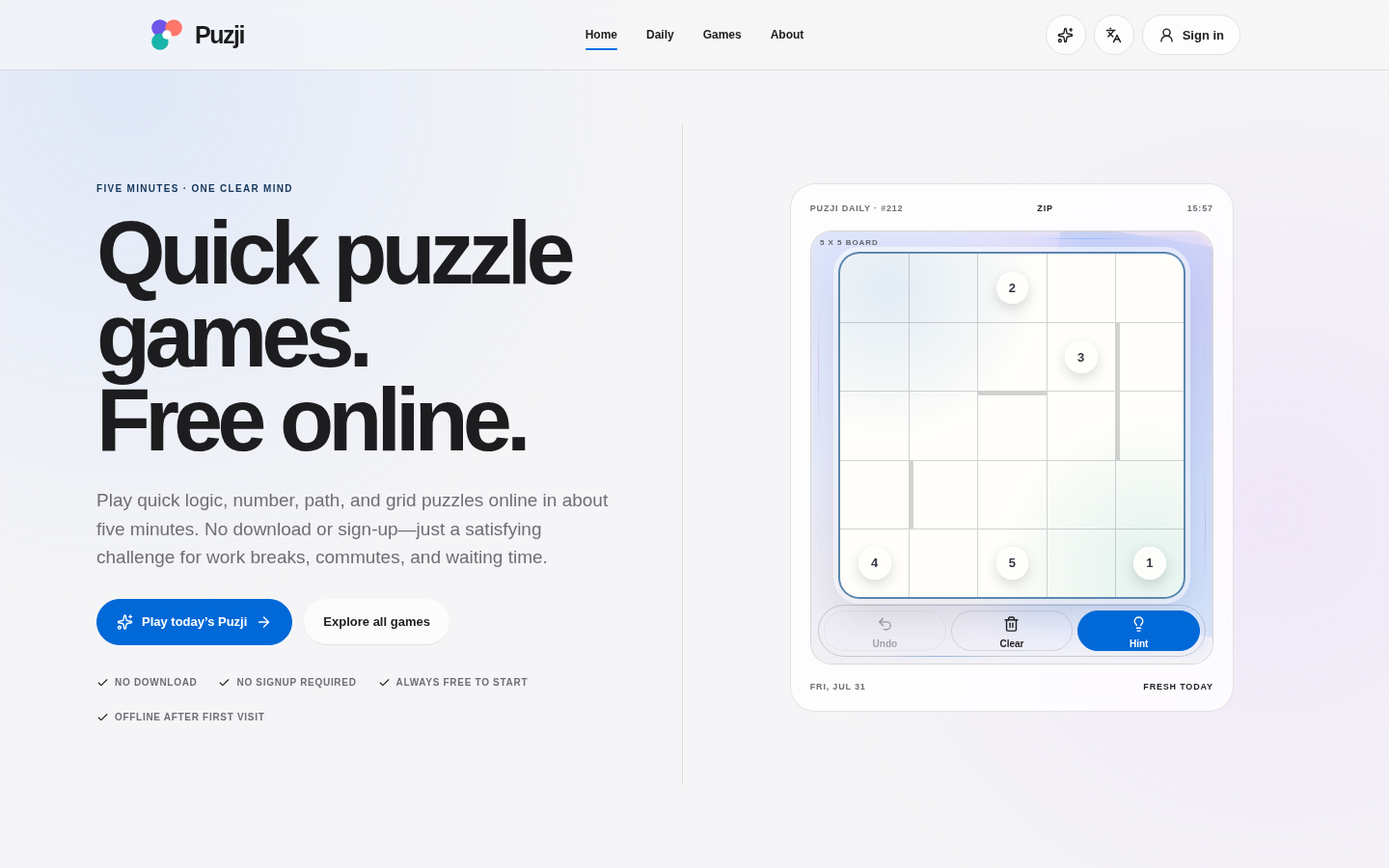 Puzji Game homepage showing online logic puzzle games